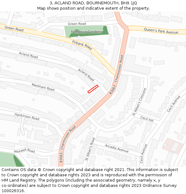 3, ACLAND ROAD, BOURNEMOUTH, BH9 1JQ: Location map and indicative extent of plot