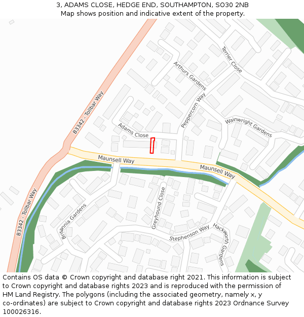 3, ADAMS CLOSE, HEDGE END, SOUTHAMPTON, SO30 2NB: Location map and indicative extent of plot