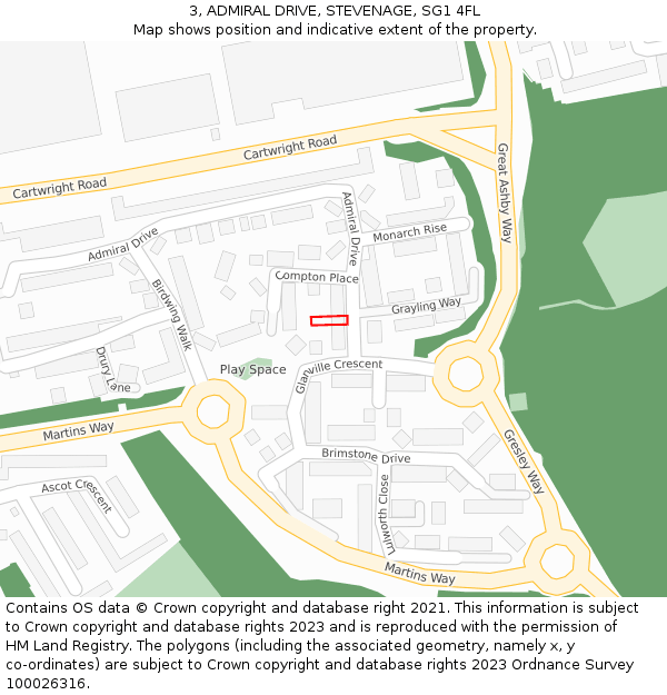 3, ADMIRAL DRIVE, STEVENAGE, SG1 4FL: Location map and indicative extent of plot