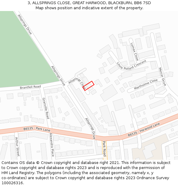 3, ALLSPRINGS CLOSE, GREAT HARWOOD, BLACKBURN, BB6 7SD: Location map and indicative extent of plot