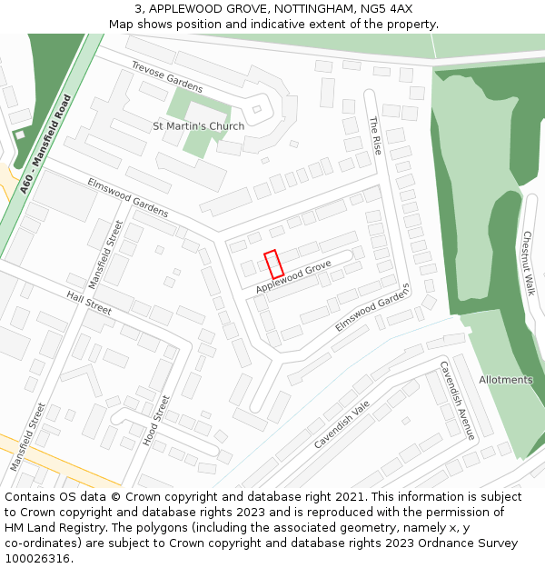 3, APPLEWOOD GROVE, NOTTINGHAM, NG5 4AX: Location map and indicative extent of plot