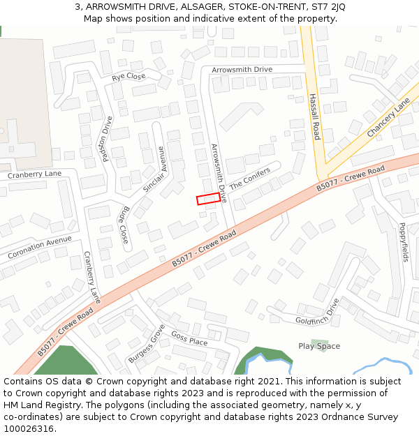 3, ARROWSMITH DRIVE, ALSAGER, STOKE-ON-TRENT, ST7 2JQ: Location map and indicative extent of plot