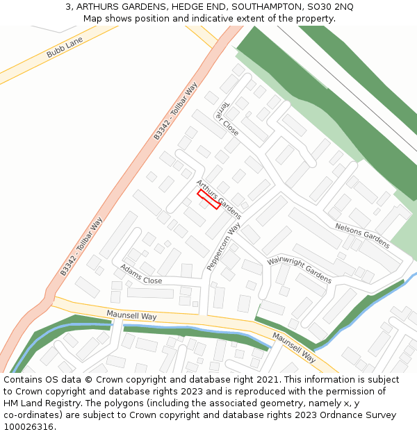 3, ARTHURS GARDENS, HEDGE END, SOUTHAMPTON, SO30 2NQ: Location map and indicative extent of plot