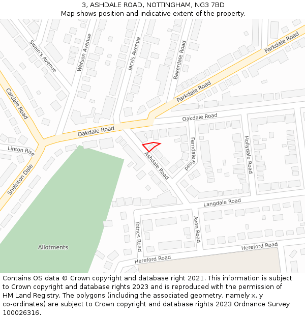 3, ASHDALE ROAD, NOTTINGHAM, NG3 7BD: Location map and indicative extent of plot