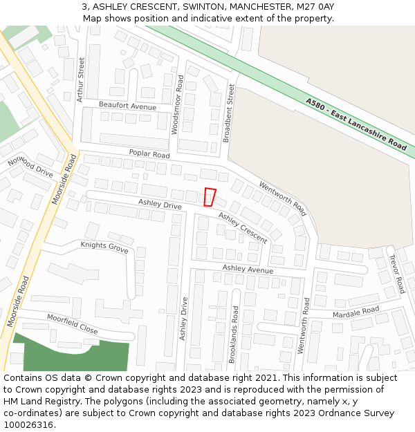 3, ASHLEY CRESCENT, SWINTON, MANCHESTER, M27 0AY: Location map and indicative extent of plot