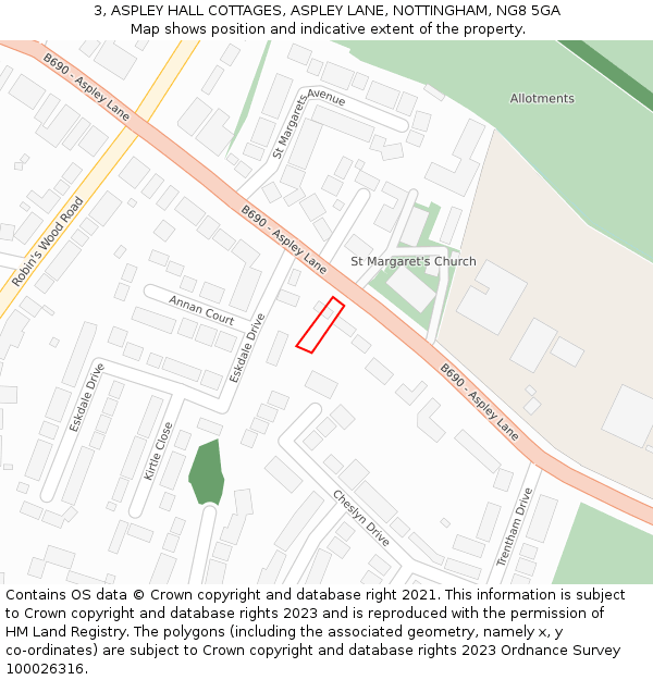 3, ASPLEY HALL COTTAGES, ASPLEY LANE, NOTTINGHAM, NG8 5GA: Location map and indicative extent of plot
