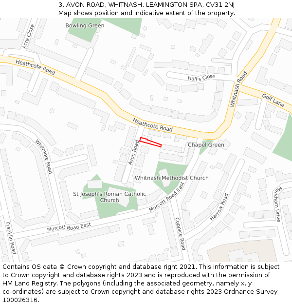 3, AVON ROAD, WHITNASH, LEAMINGTON SPA, CV31 2NJ: Location map and indicative extent of plot