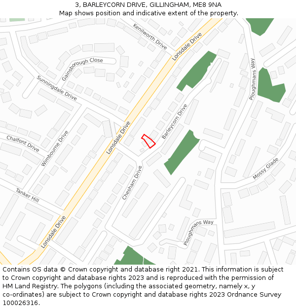 3, BARLEYCORN DRIVE, GILLINGHAM, ME8 9NA: Location map and indicative extent of plot