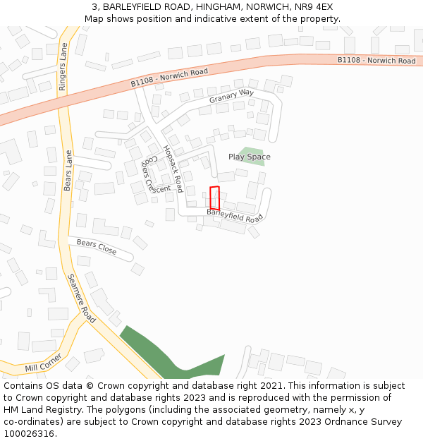 3, BARLEYFIELD ROAD, HINGHAM, NORWICH, NR9 4EX: Location map and indicative extent of plot