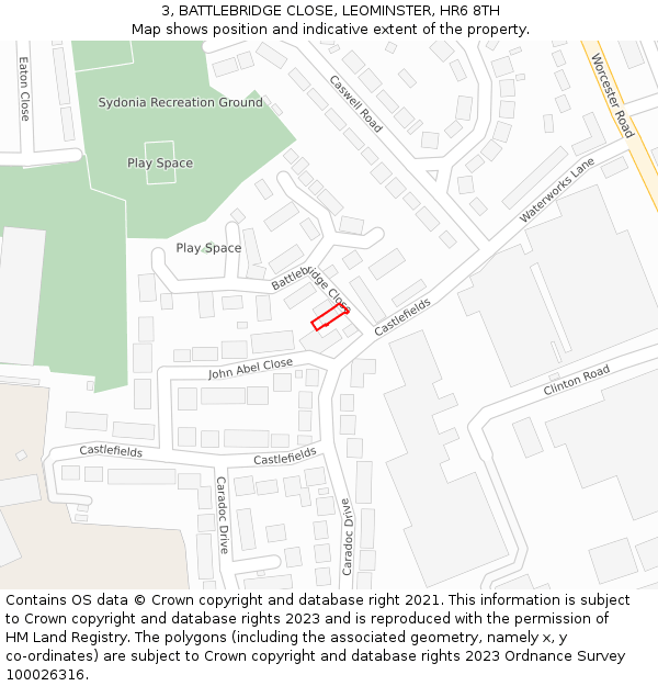 3, BATTLEBRIDGE CLOSE, LEOMINSTER, HR6 8TH: Location map and indicative extent of plot