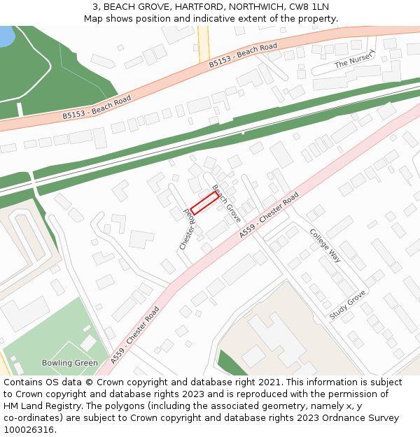 3, BEACH GROVE, HARTFORD, NORTHWICH, CW8 1LN: Location map and indicative extent of plot