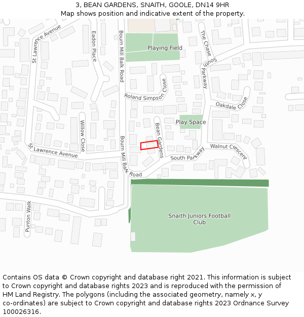 3, BEAN GARDENS, SNAITH, GOOLE, DN14 9HR: Location map and indicative extent of plot