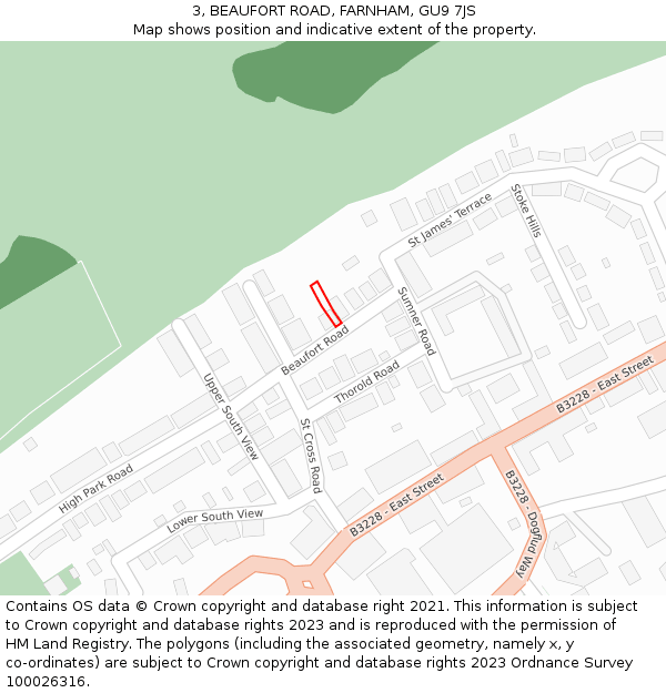 3, BEAUFORT ROAD, FARNHAM, GU9 7JS: Location map and indicative extent of plot