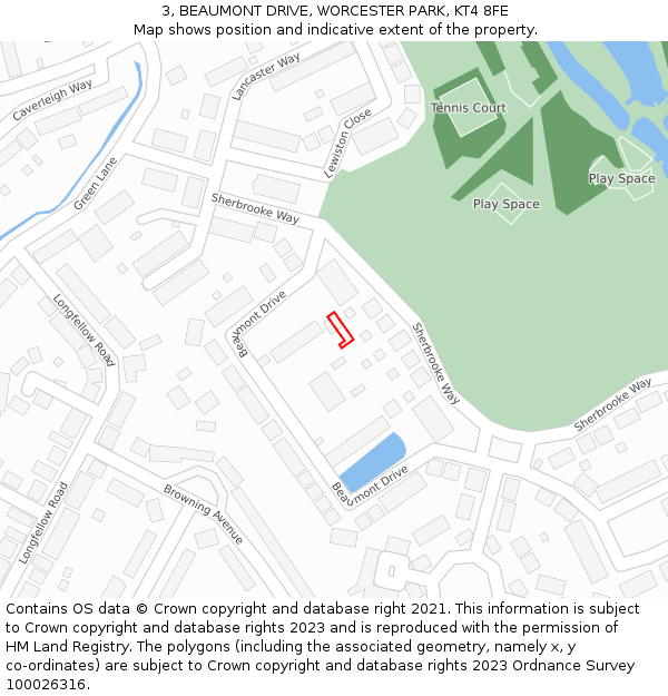 3, BEAUMONT DRIVE, WORCESTER PARK, KT4 8FE: Location map and indicative extent of plot