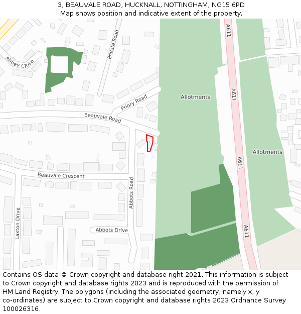 3, BEAUVALE ROAD, HUCKNALL, NOTTINGHAM, NG15 6PD: Location map and indicative extent of plot