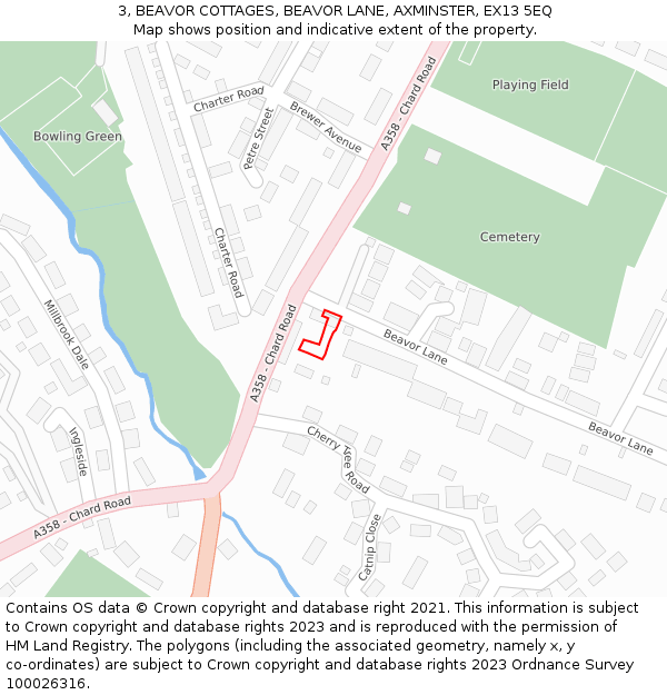 3, BEAVOR COTTAGES, BEAVOR LANE, AXMINSTER, EX13 5EQ: Location map and indicative extent of plot