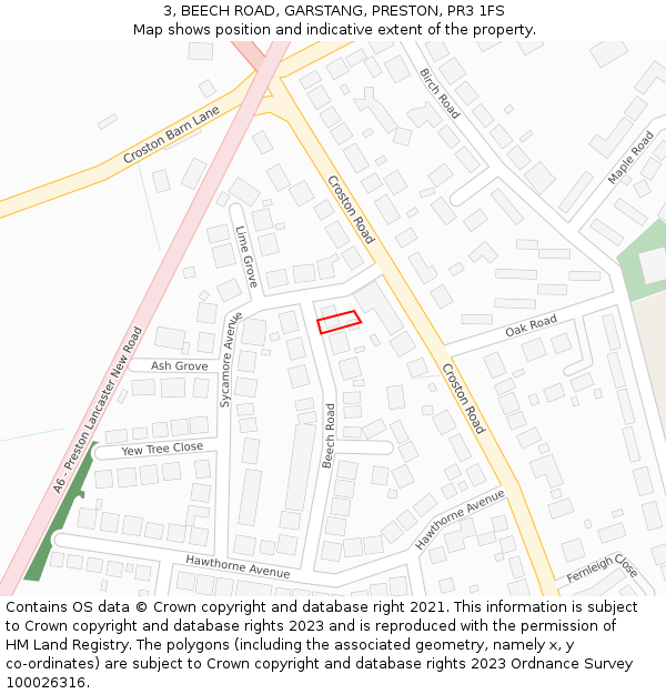 3, BEECH ROAD, GARSTANG, PRESTON, PR3 1FS: Location map and indicative extent of plot