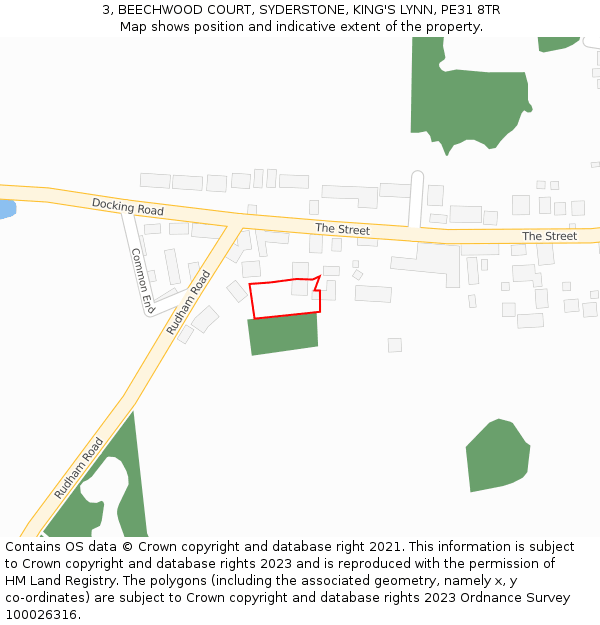 3, BEECHWOOD COURT, SYDERSTONE, KING'S LYNN, PE31 8TR: Location map and indicative extent of plot