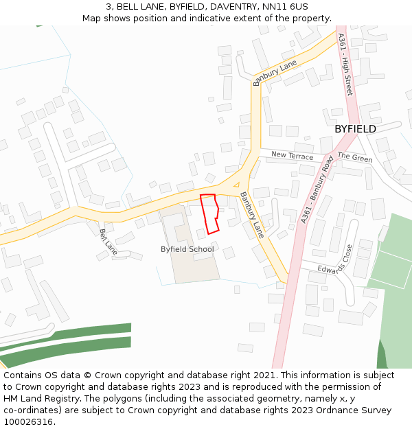 3, BELL LANE, BYFIELD, DAVENTRY, NN11 6US: Location map and indicative extent of plot