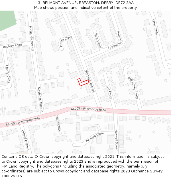 3, BELMONT AVENUE, BREASTON, DERBY, DE72 3AA: Location map and indicative extent of plot