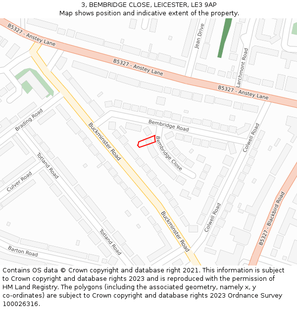 3, BEMBRIDGE CLOSE, LEICESTER, LE3 9AP: Location map and indicative extent of plot