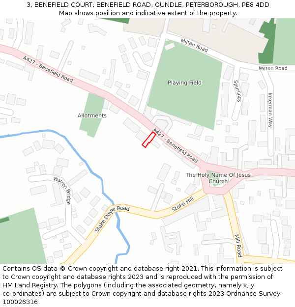 3, BENEFIELD COURT, BENEFIELD ROAD, OUNDLE, PETERBOROUGH, PE8 4DD: Location map and indicative extent of plot