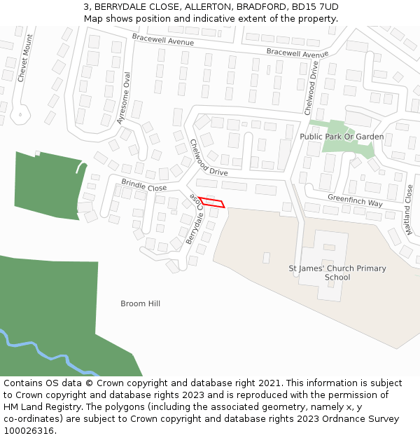 3, BERRYDALE CLOSE, ALLERTON, BRADFORD, BD15 7UD: Location map and indicative extent of plot