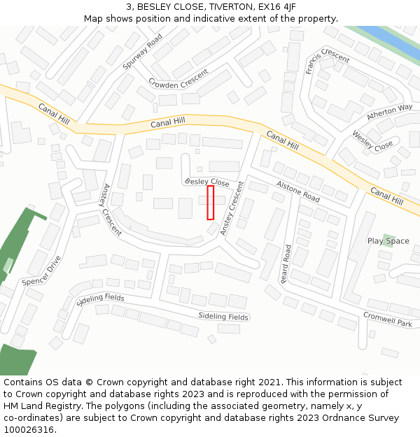 3, BESLEY CLOSE, TIVERTON, EX16 4JF: Location map and indicative extent of plot