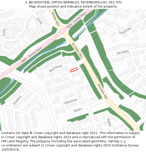 3, BEVERSTONE, ORTON BRIMBLES, PETERBOROUGH, PE2 5YN: Location map and indicative extent of plot