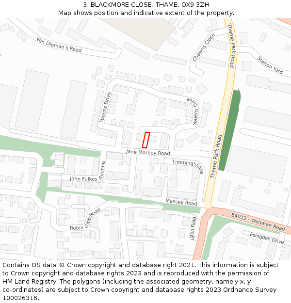 3, BLACKMORE CLOSE, THAME, OX9 3ZH: Location map and indicative extent of plot