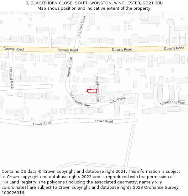 3, BLACKTHORN CLOSE, SOUTH WONSTON, WINCHESTER, SO21 3BU: Location map and indicative extent of plot