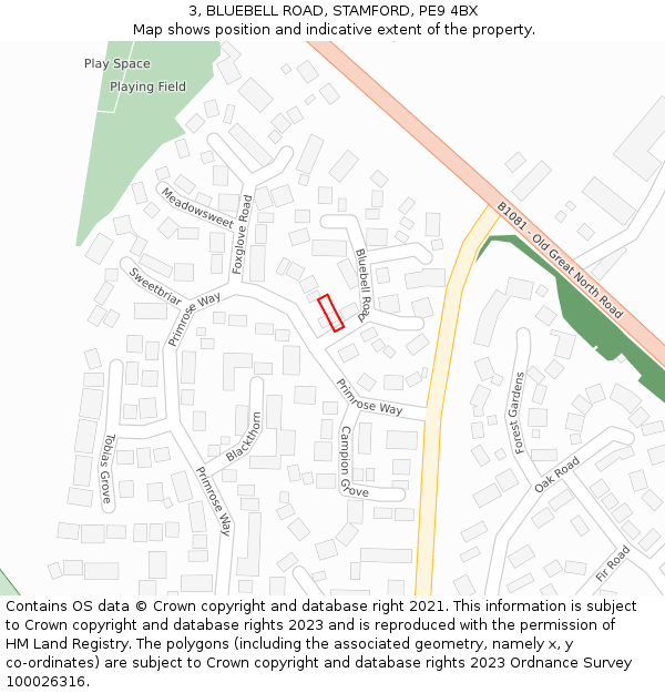 3, BLUEBELL ROAD, STAMFORD, PE9 4BX: Location map and indicative extent of plot