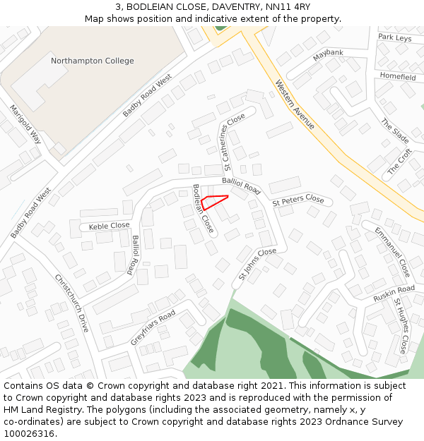 3, BODLEIAN CLOSE, DAVENTRY, NN11 4RY: Location map and indicative extent of plot
