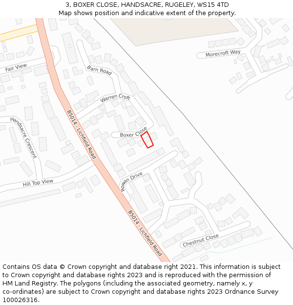 3, BOXER CLOSE, HANDSACRE, RUGELEY, WS15 4TD: Location map and indicative extent of plot