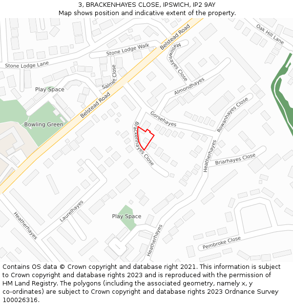 3, BRACKENHAYES CLOSE, IPSWICH, IP2 9AY: Location map and indicative extent of plot