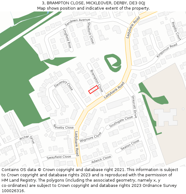 3, BRAMPTON CLOSE, MICKLEOVER, DERBY, DE3 0QJ: Location map and indicative extent of plot