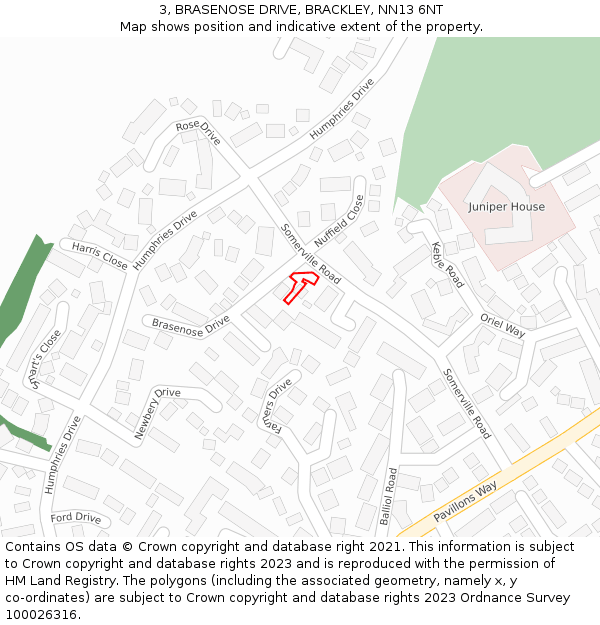 3, BRASENOSE DRIVE, BRACKLEY, NN13 6NT: Location map and indicative extent of plot