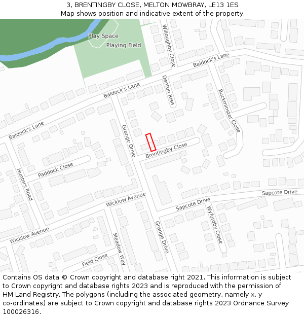 3, BRENTINGBY CLOSE, MELTON MOWBRAY, LE13 1ES: Location map and indicative extent of plot