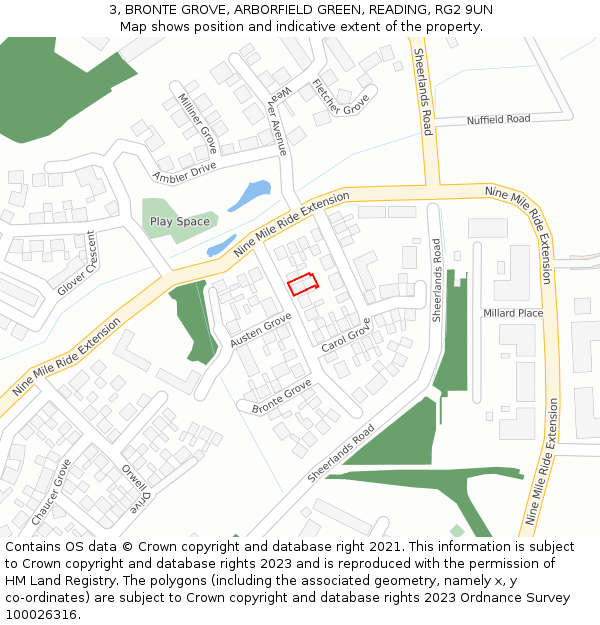 3, BRONTE GROVE, ARBORFIELD GREEN, READING, RG2 9UN: Location map and indicative extent of plot