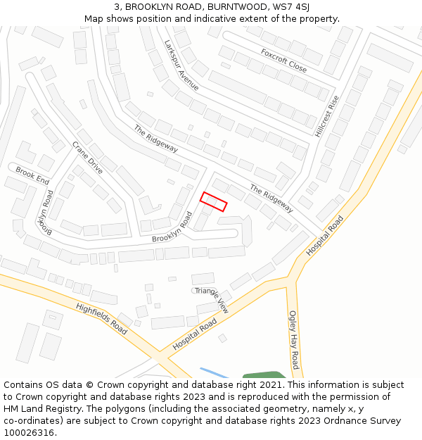 3, BROOKLYN ROAD, BURNTWOOD, WS7 4SJ: Location map and indicative extent of plot