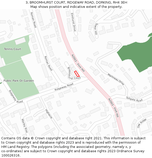 3, BROOMHURST COURT, RIDGEWAY ROAD, DORKING, RH4 3EH: Location map and indicative extent of plot