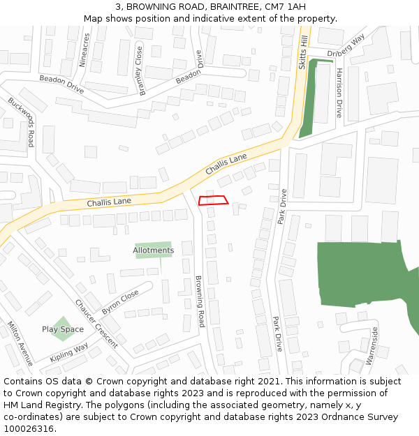3, BROWNING ROAD, BRAINTREE, CM7 1AH: Location map and indicative extent of plot
