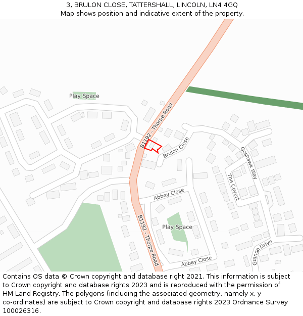 3, BRULON CLOSE, TATTERSHALL, LINCOLN, LN4 4GQ: Location map and indicative extent of plot