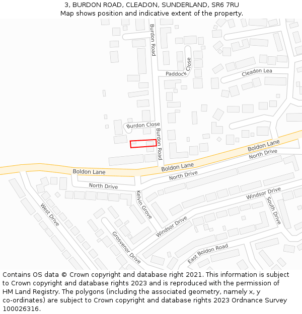 3, BURDON ROAD, CLEADON, SUNDERLAND, SR6 7RU: Location map and indicative extent of plot
