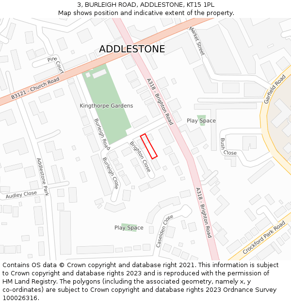 3, BURLEIGH ROAD, ADDLESTONE, KT15 1PL: Location map and indicative extent of plot