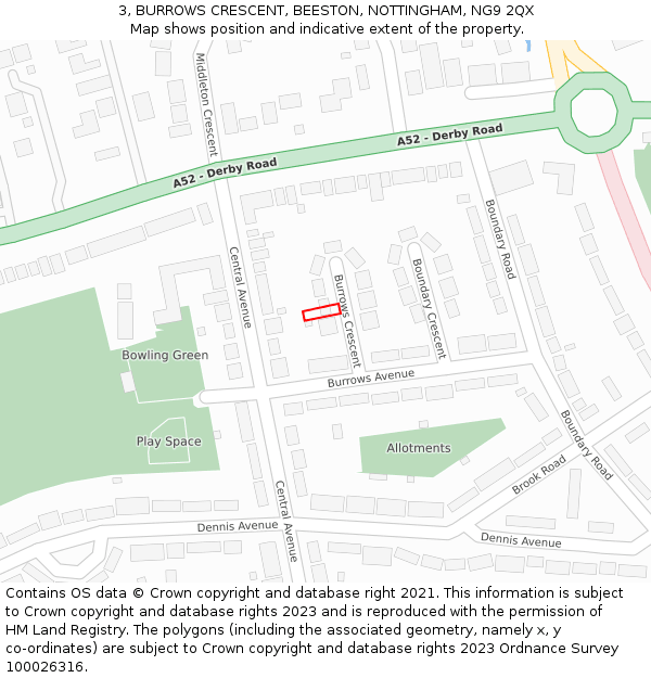 3, BURROWS CRESCENT, BEESTON, NOTTINGHAM, NG9 2QX: Location map and indicative extent of plot