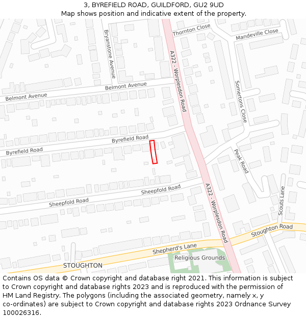 3, BYREFIELD ROAD, GUILDFORD, GU2 9UD: Location map and indicative extent of plot