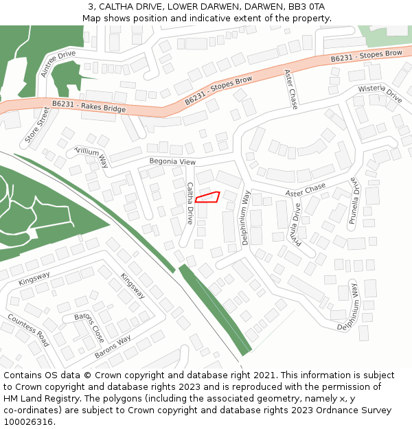 3, CALTHA DRIVE, LOWER DARWEN, DARWEN, BB3 0TA: Location map and indicative extent of plot
