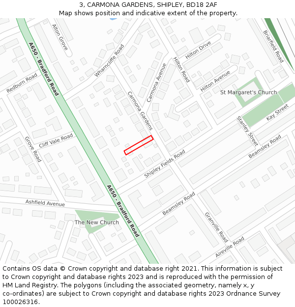 3, CARMONA GARDENS, SHIPLEY, BD18 2AF: Location map and indicative extent of plot