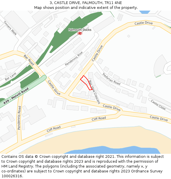 3, CASTLE DRIVE, FALMOUTH, TR11 4NE: Location map and indicative extent of plot
